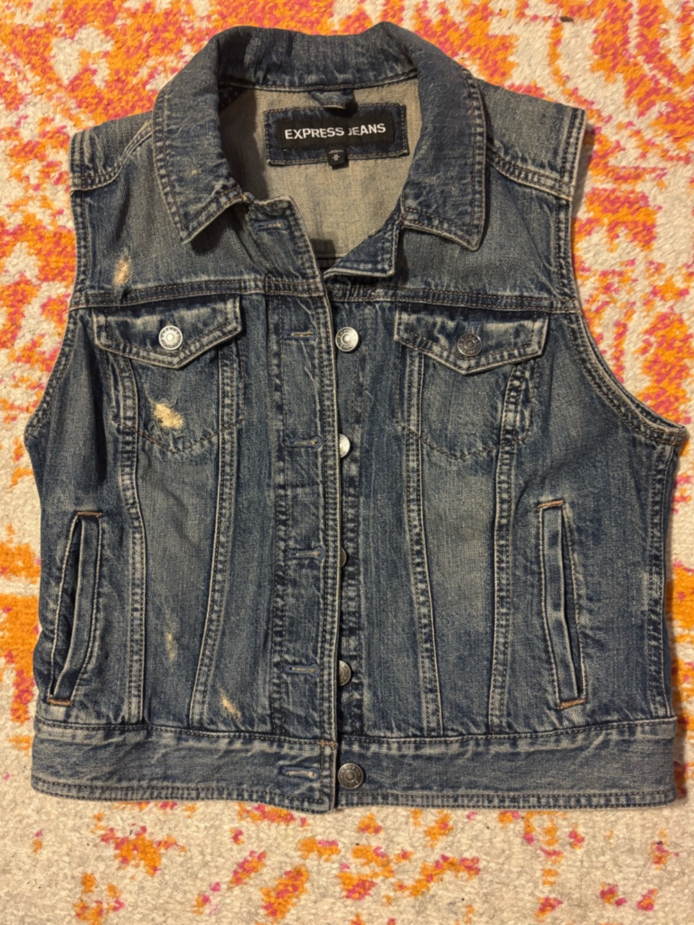 Express Distressed Dark Blue Denim Vest - Picture 2 of 10